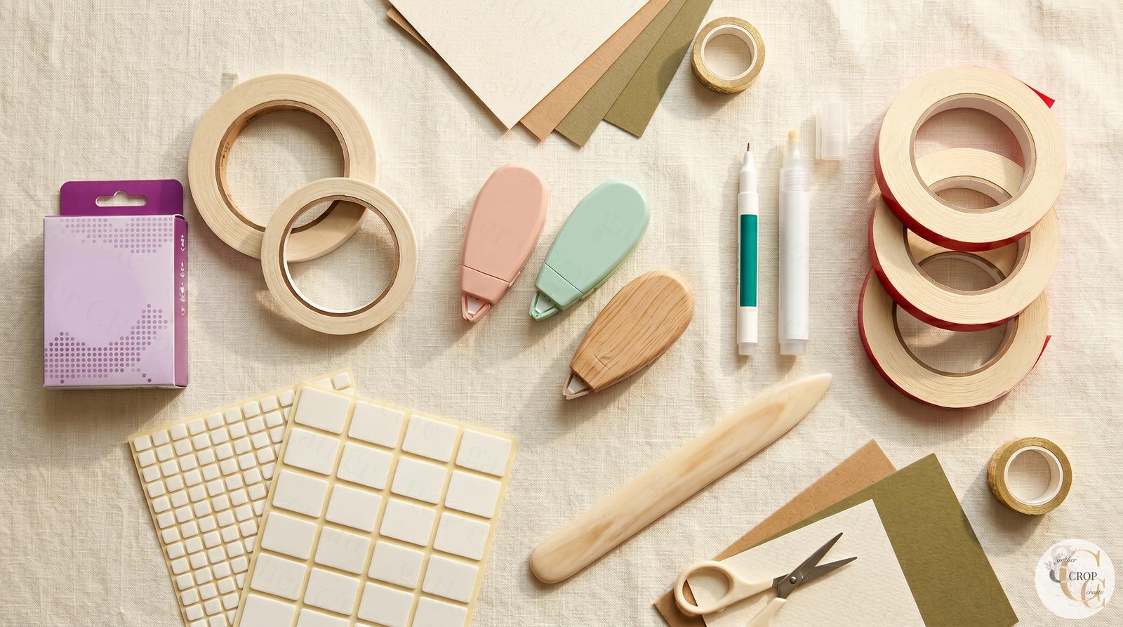 Scrapbooking adhesives — tape runners, foam dots, liquid glue, and mounting supplies at Gather Crop Create