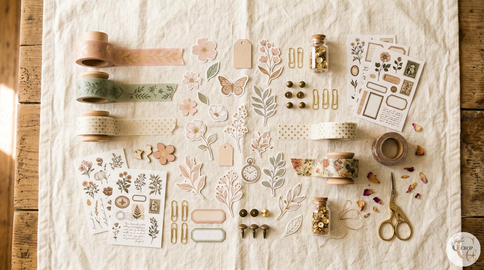 Scrapbooking stickers and embellishments — die cuts, chipboard, buttons, and decorative accents at Gather Crop Create