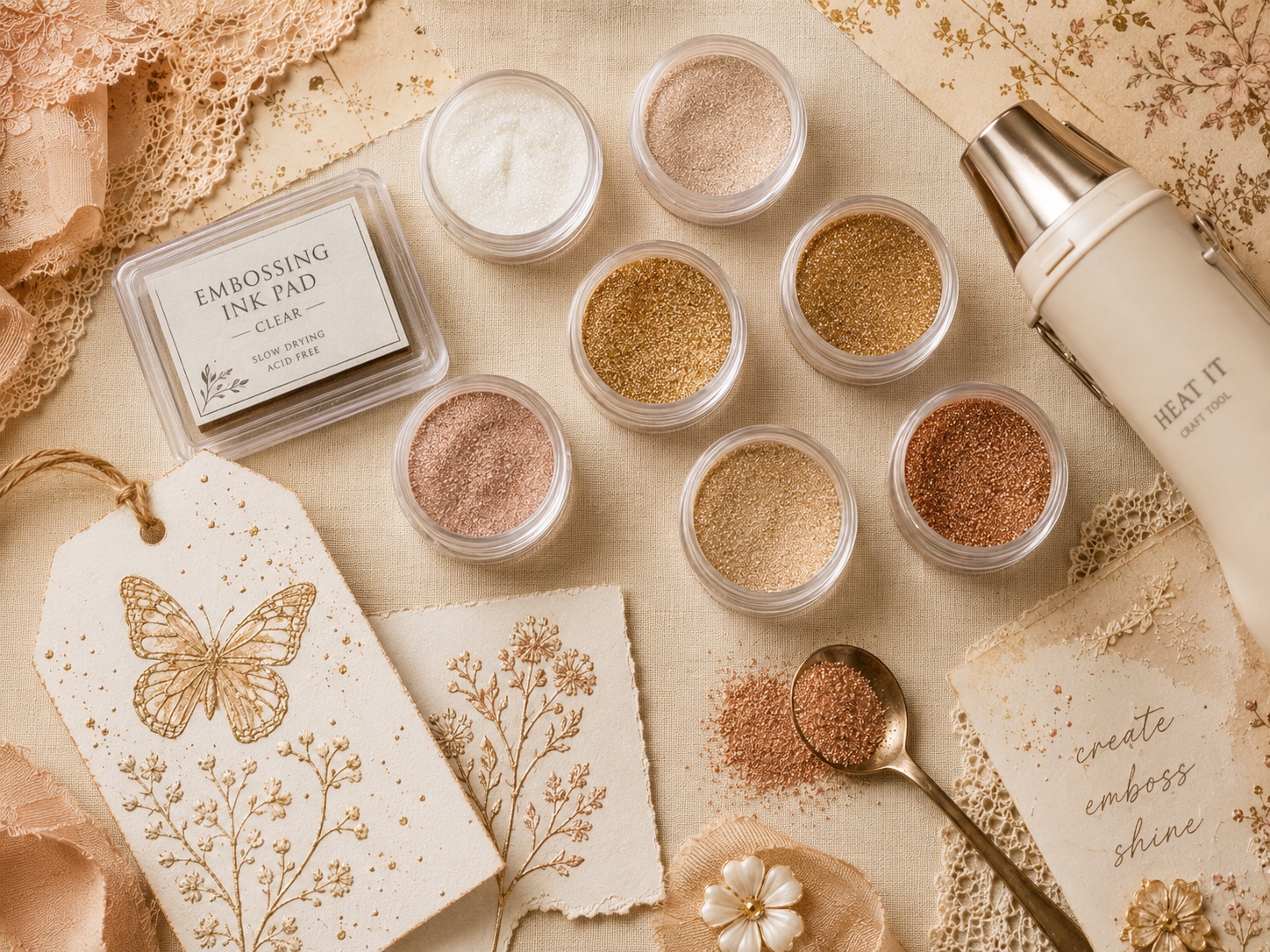 Embossing powders and accessories for paper crafting at Gather Crop Create Omaha