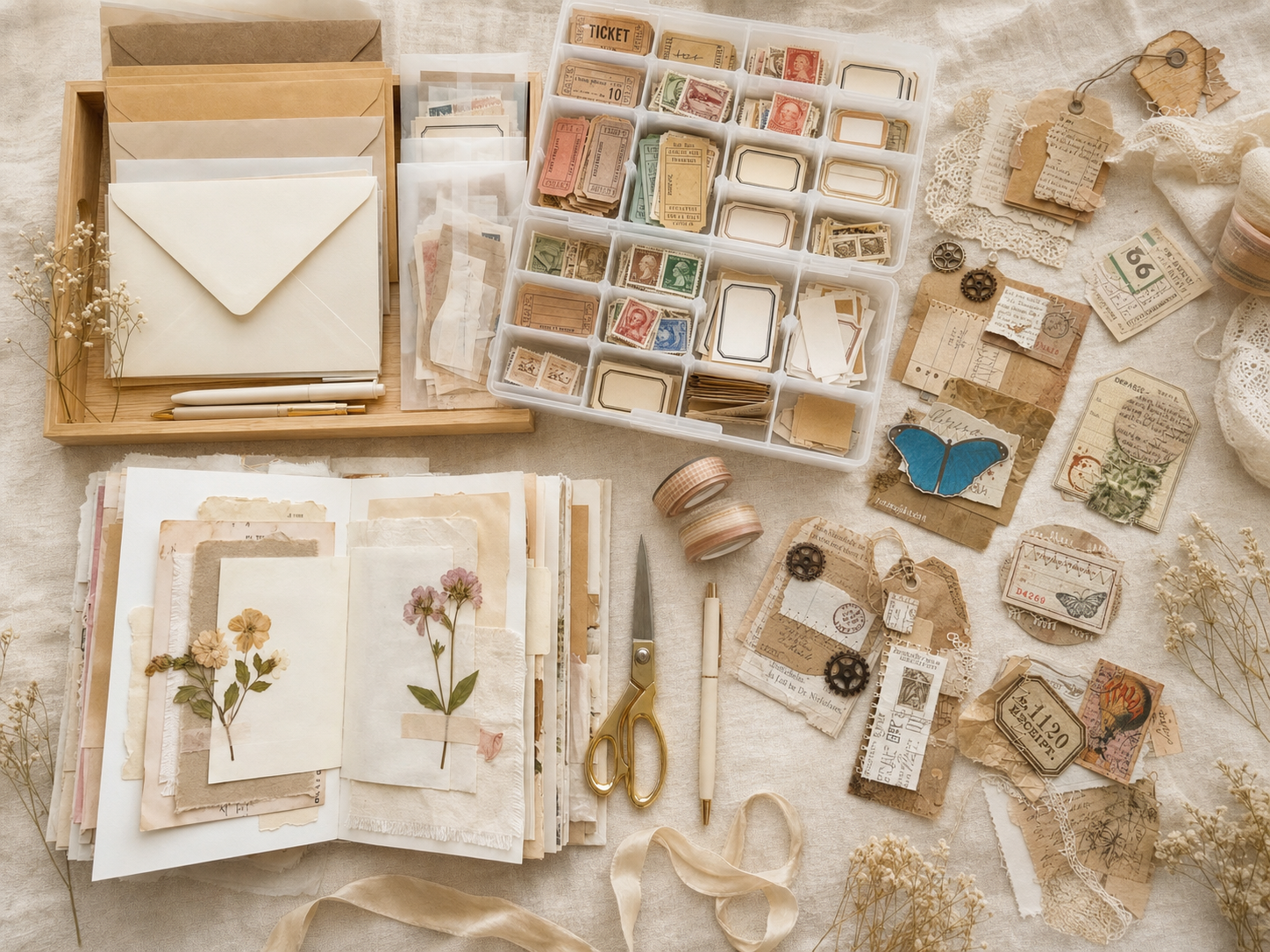 Junk journal supplies including ephemera, tags, pockets, and vintage paper crafting essentials at Gather Crop Create Omaha